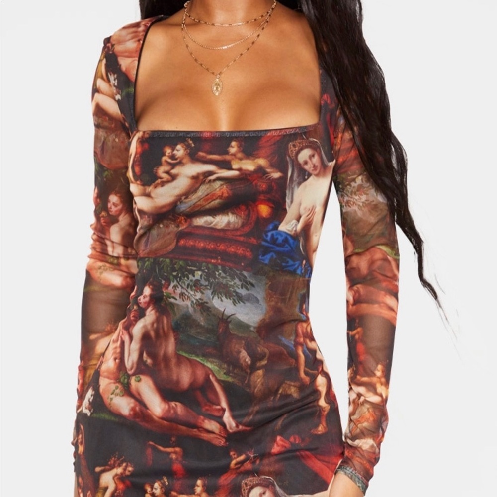 Multi Renaissance Print Mesh Square Neck Dress